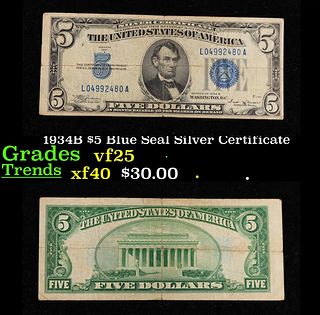 1934B $5 Blue Seal Silver Certificate Grades vf+