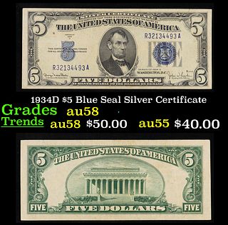 1934D $5 Blue Seal Silver Certificate Grades Choice AU/BU Slider