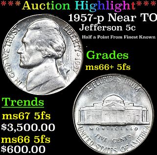 ***Auction Highlight*** 1957-p Jefferson Nickel Near TOP POP! 5c Graded GEM++ 5fs By USCG (fc)