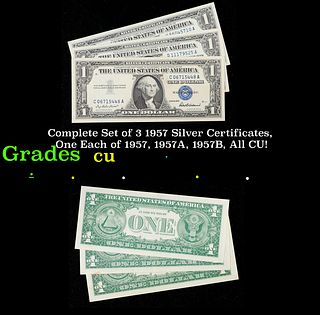 Complete Set of 3 1957 Silver Certificates, One Each of 1957, 1957A, 1957B, All CU! $1 Blue Seal Silver Certificate Grades