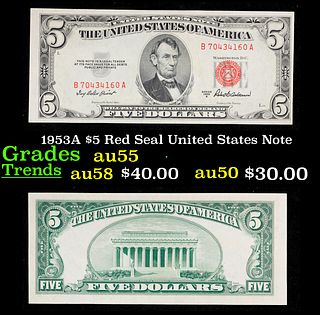1953A $5 Red Seal United States Note Grades Choice AU