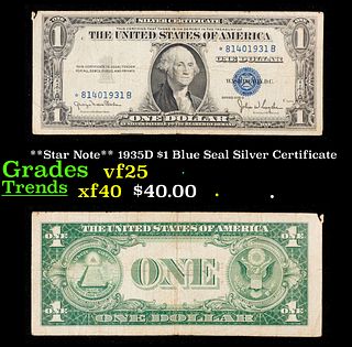 **Star Note** 1935D $1 Blue Seal Silver Certificate Grades vf+