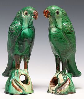 (2) CHINESE GLAZED CERAMIC PARROT-FORM INCENSE HOLDERS