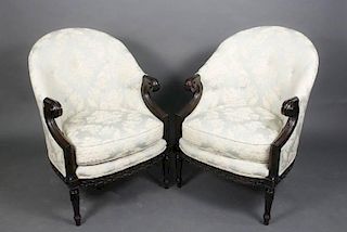 Pair of Black Lacquered & Blue Damask Armchairs