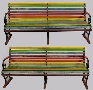 BOBLO ISLAND WOOD AND IRON BENCHES PAIR