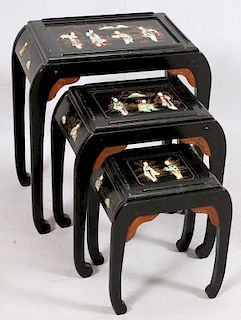 CHINESE HARDSTONE AND LACQUERED NESTING TABLES
