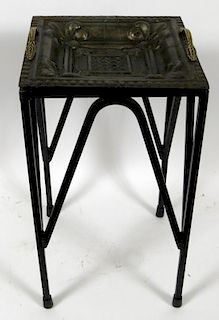 WROUGHT IRON AND PRESSED TIN TRAY AND STAND 19TH C