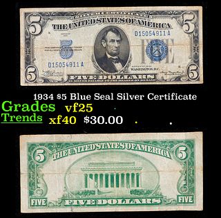1934 $5 Blue Seal Silver Certificate Grades vf+