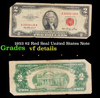 1953 $2 Red Seal United States Note Grades vf details