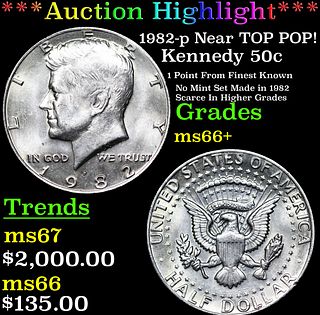 ***Auction Highlight*** 1982-p Kennedy Half Dollar Near TOP POP! 50c Graded ms66+ BY SEGS (fc)
