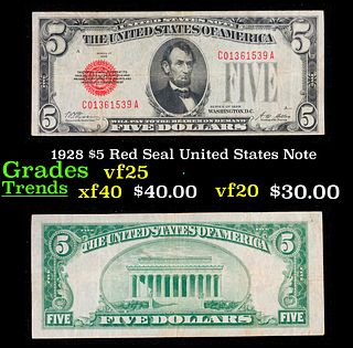 1928 $5 Red Seal United States Note Grades vf+