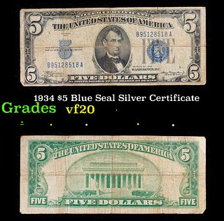 1934 $5 Blue Seal Silver Certificate Grades vf, very fine