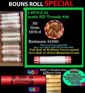 THIS AUCTION ONLY! BU Shotgun Lincoln 1c roll, 1976-d 50 pcs Plus FIVE bonus random date BU roll! Bank Wrapper 50c