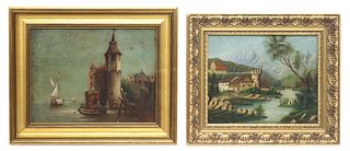 (2) FRAMED OIL PAINTINGS OF CASTLE LANDSCAPES WITH BOATS