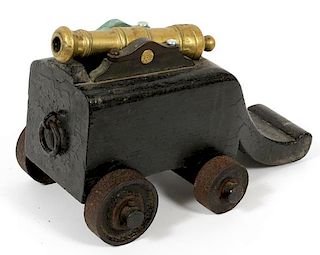 WOOD IRON AND BRASS MODEL CANNON