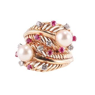 18k Gold Diamond Pearl Ruby Bypass Ring