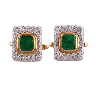 18k Two Tone Gold Diamond Jade Cufflinks 