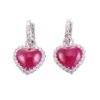 18k Gold Diamond Ruby Heart Drop Earrings