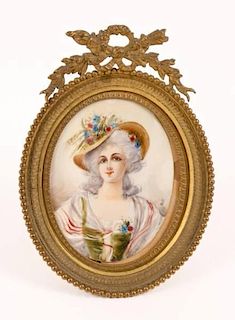 Miniature Portrait on Ivory of Woman in Floral Hat