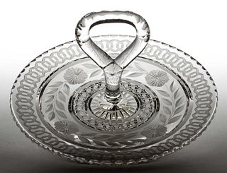 MERIDEN ATTRIBUTED BEVERLEY CUT GLASS SERVING DISH WITH HANDLE