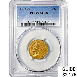 1911-S $5 Gold Half Eagle PCGS AU58 