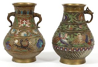 CHINESE DOUBLE HANDLED BRONZE AND ENAMEL VASES PAIR