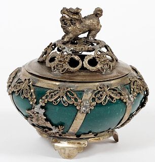CHINESE JADE COLOR AND SILVER INCENSE BURNER