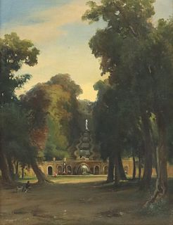 SIGNED OIL PAINTING DATED 1863, ITALIAN LANDSCAPE WITH FOUNTAIN
