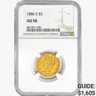 1886-S $5 Gold Half Eagle NGC AU58 