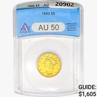 1880 $5 Gold Half Eagle ANACS AU50 