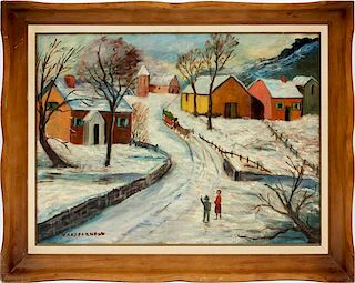 MARY PAGNFLE OIL ON CANVAS WINTER ROAD IN VILLAGE