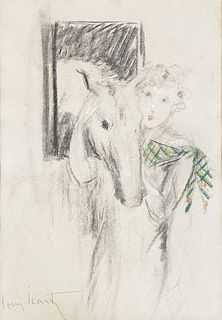 Louis Icart - Charcoal Drawing of Woman and Horse