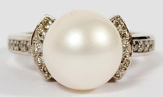 11 MM. PEARL DIAMOND & 14 KT WHITE GOLD RING SIZE 8