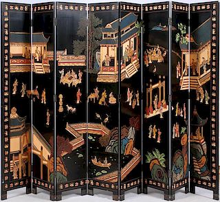 JAPANESE EIGHT PANEL BLACK LACQUER SCREEN