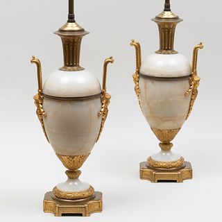 Pair of Louis XVI Style Gilt-Bronze and Metal-Mounted Onyx Urns Mounted as Lamps