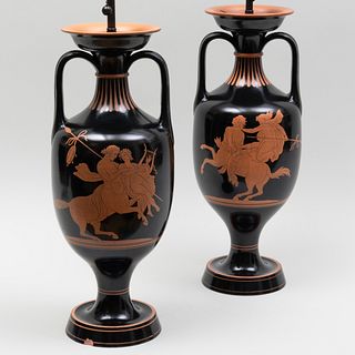 Pair of Danish P. Ipsen Red Figured Black Ground Terracotta Urns Mounted as Lamps