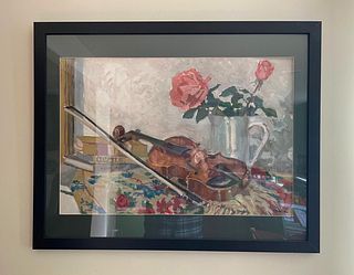 Boris Tyomkin- Original Painting "Roses and Violin"