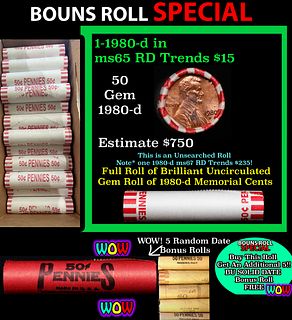 THIS AUCTION ONLY! BU Shotgun Lincoln 1c roll, 1980-d 50 pcs Plus FIVE bonus random date BU roll! Bank Wrapper 50c