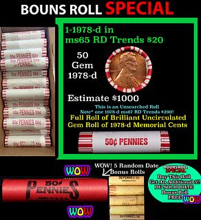 THIS AUCTION ONLY! BU Shotgun Lincoln 1c roll, 1978-d 50 pcs Plus FIVE bonus random date BU roll! Bank Wrapper 50c