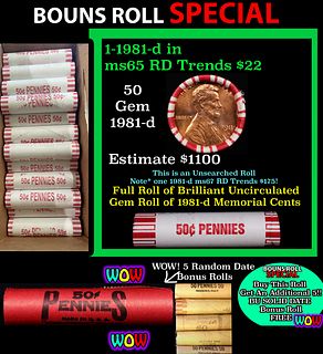THIS AUCTION ONLY! BU Shotgun Lincoln 1c roll, 1981-d 50 pcs Plus FIVE bonus random date BU roll! Bank Wrapper 50c