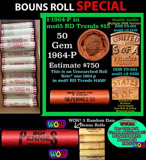 THIS AUCTION ONLY! BU Shotgun Lincoln 1c roll, 1964-p 50 pcs Plus FIVE bonus random date BU roll! Federal Reserve Bank of Cleveland Wrapper 50c