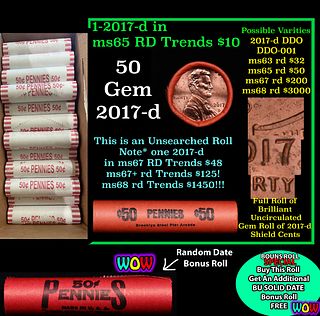 THIS AUCTION ONLY! BU Shotgun Lincoln 1c roll, 2017-d 50 pcs Plus one bonus random date BU roll! Bank Wrapper 50c