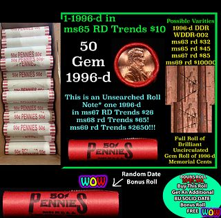 THIS AUCTION ONLY! BU Shotgun Lincoln 1c roll, 1996-d 50 pcs Plus one bonus random date BU roll! Steel Strong Wrapper 50c