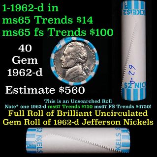 BU Shotgun Jefferson 5c roll, 1962-d 40 pcs Bank $2 Nickel Wrapper