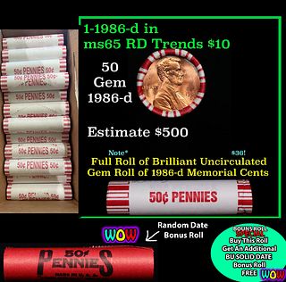 THIS AUCTION ONLY! BU Shotgun Lincoln 1c roll, 1986-d 50 pcs Plus one bonus random date BU roll! Bank Wrapper 50c