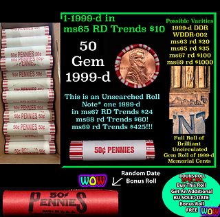 THIS AUCTION ONLY! BU Shotgun Lincoln 1c roll, 1999-d 50 pcs Plus one bonus random date BU roll! Bank Wrapper 50c