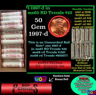 THIS AUCTION ONLY! BU Shotgun Lincoln 1c roll, 1997-d 50 pcs Plus one bonus random date BU roll! Bank Wrapper 50c