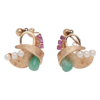 Ruby, Pearl and Emerald Earrings in 14 Karat Yellow Gold