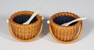 Pair of Signed Paul Willer Nantucket Basket Salt Cellars with Cobalt Glass Inserts and Spoons