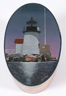 Harriet Mottes Finely Painted Shaker Box "Brant Point Light, Nantucket"